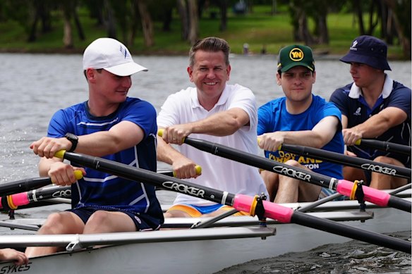 Deputy Premier Jarrod Bleijie rowing with Young LNP members on the Fitzroy River in Rockhampton in November.