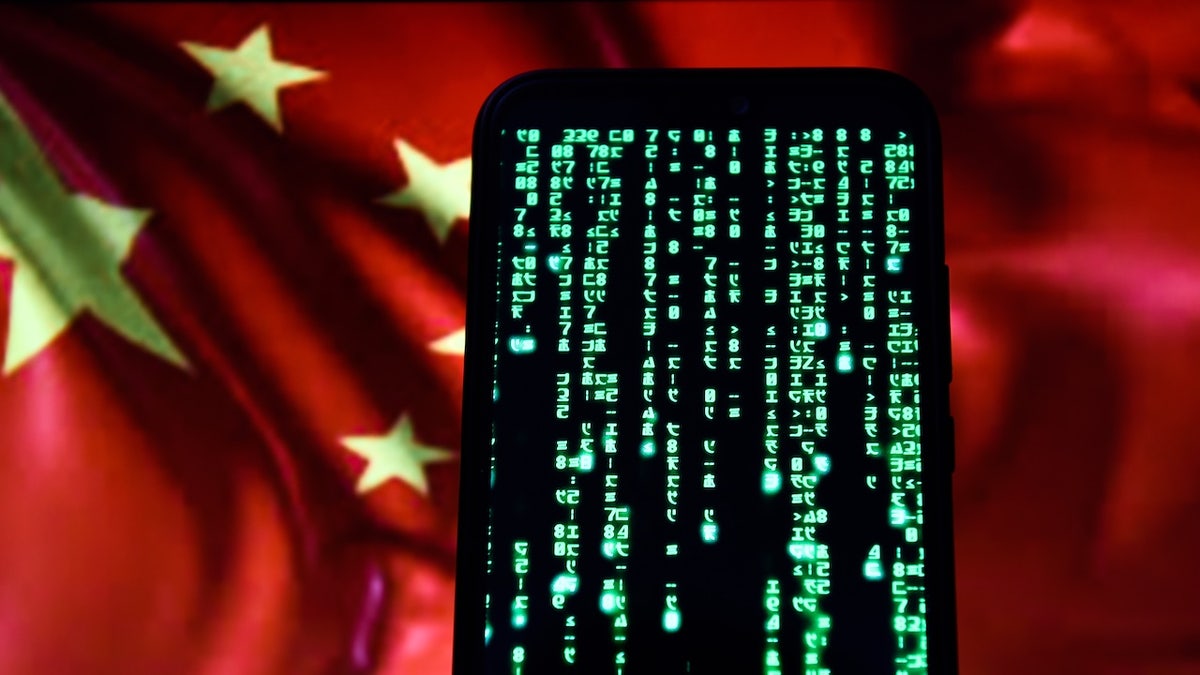 a chinese flag is draped behind a phone screen in a cybersecurity illustration
