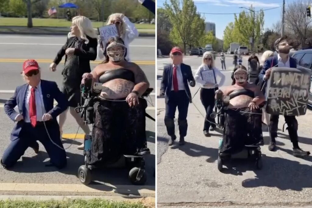 Atlanta ‘No Kings’ protest takes turn for weird as masked, wheelchair-using leftist walks Trump lookalike on leash