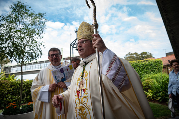 Bishop Anthony Randazzo arriving at St Patrick’s Catholic Church in East Gosford, 2022. 