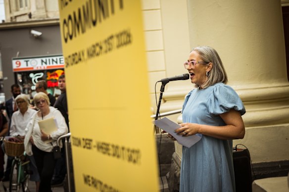 Stonnington resident Natalie Doherty speaks to about 100 concerned residents on issues facing their community at Prahran Town Hall