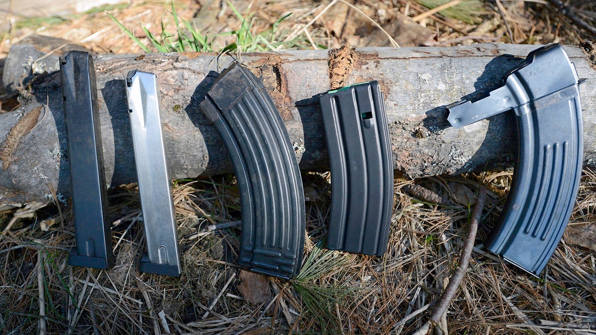 Gun magazines are show lined up