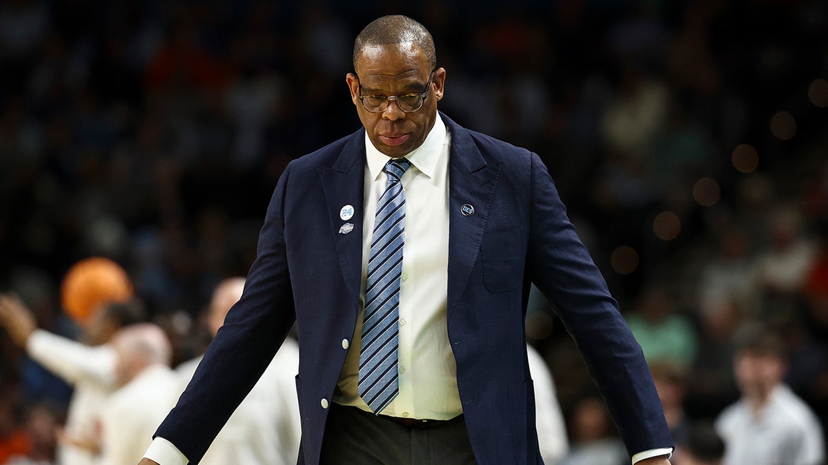 Head coach Hubert Davis of the North Carolina Tar Heels looks on during the first half against the VCU Rams in the first round of the 2026 NCAA Men's Basketball Tournament at Bon Secours Wellness Arena on March 19, 2026, in Greenville, South Carolina.