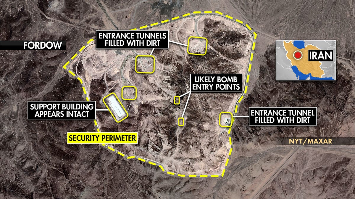 A map shows damage to Iran's Fordow nuclear site after being struck by the United States in Operation Midnight Hammer.