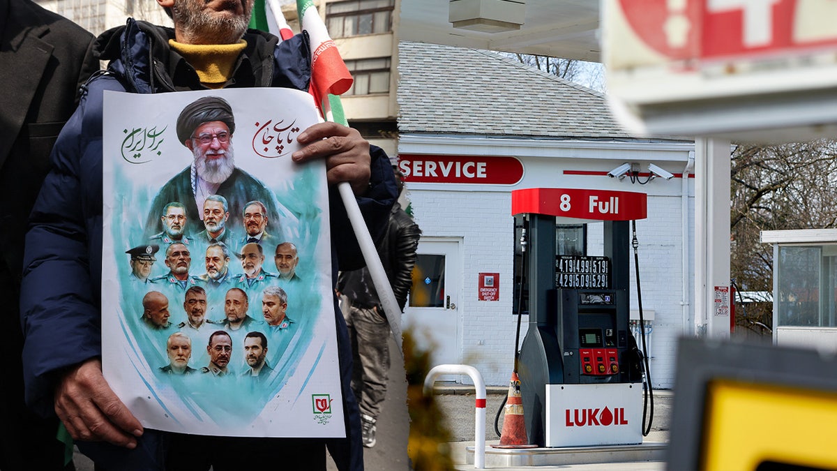 A split image of a man holding a photo of killed Iranian officials, and a Lukoil gas station in the U.S.