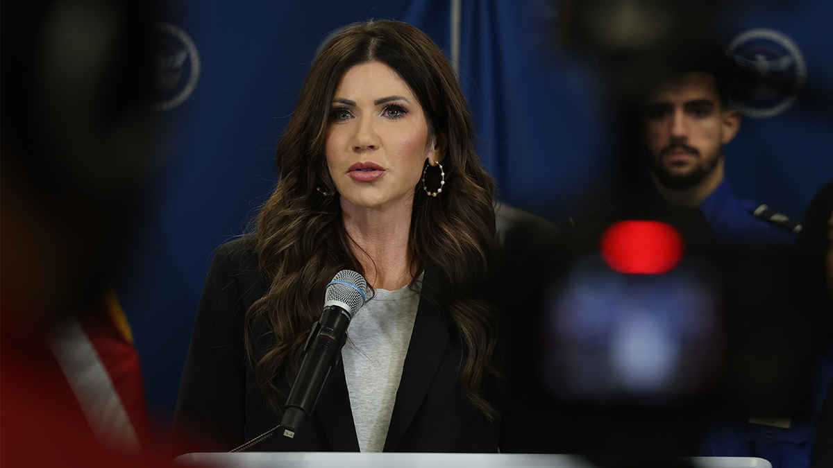 U.S. Secretary of Homeland Security Kristi Noem speaks during a press conference.