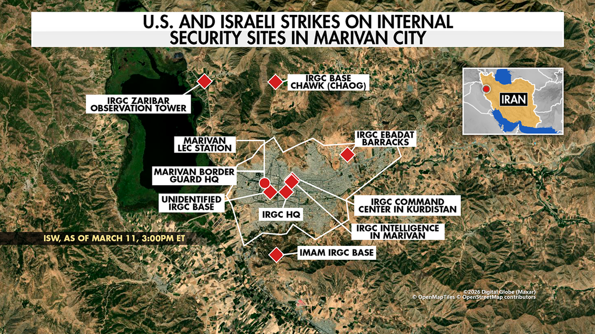 Map of US, Israeli strikes on internal security sites in Marivan City, Iran