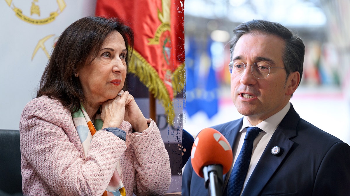 A split image featuring Spanish Defense Minister Margarita Robles and Foreign Minister José Manuel Albares.