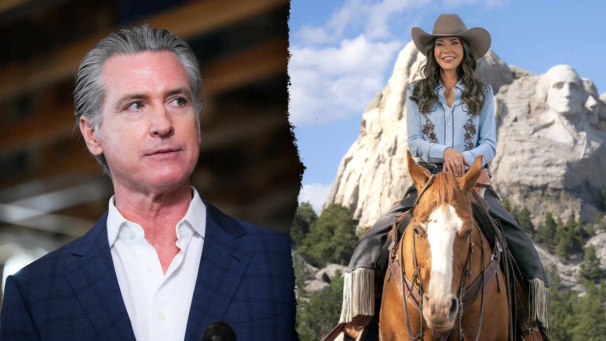 Split image showing Gavin Newsom speaking at an event and Kristi Noem riding a horse in a government ad campaign.
