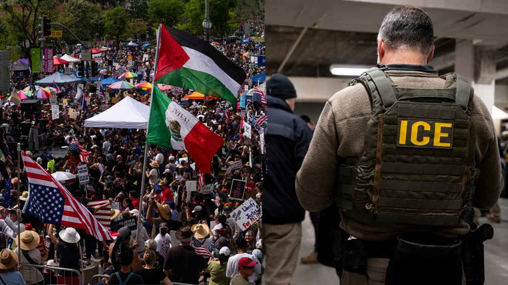 WATCH: Masked agitator sprays message targeting ICE agents on federal building during LA protest WATCH: Masked agitator sprays message targeting ICE agents on federal building during LA protest