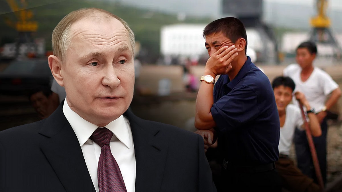 split of Russian President Vladimir Putin and North Korean workers