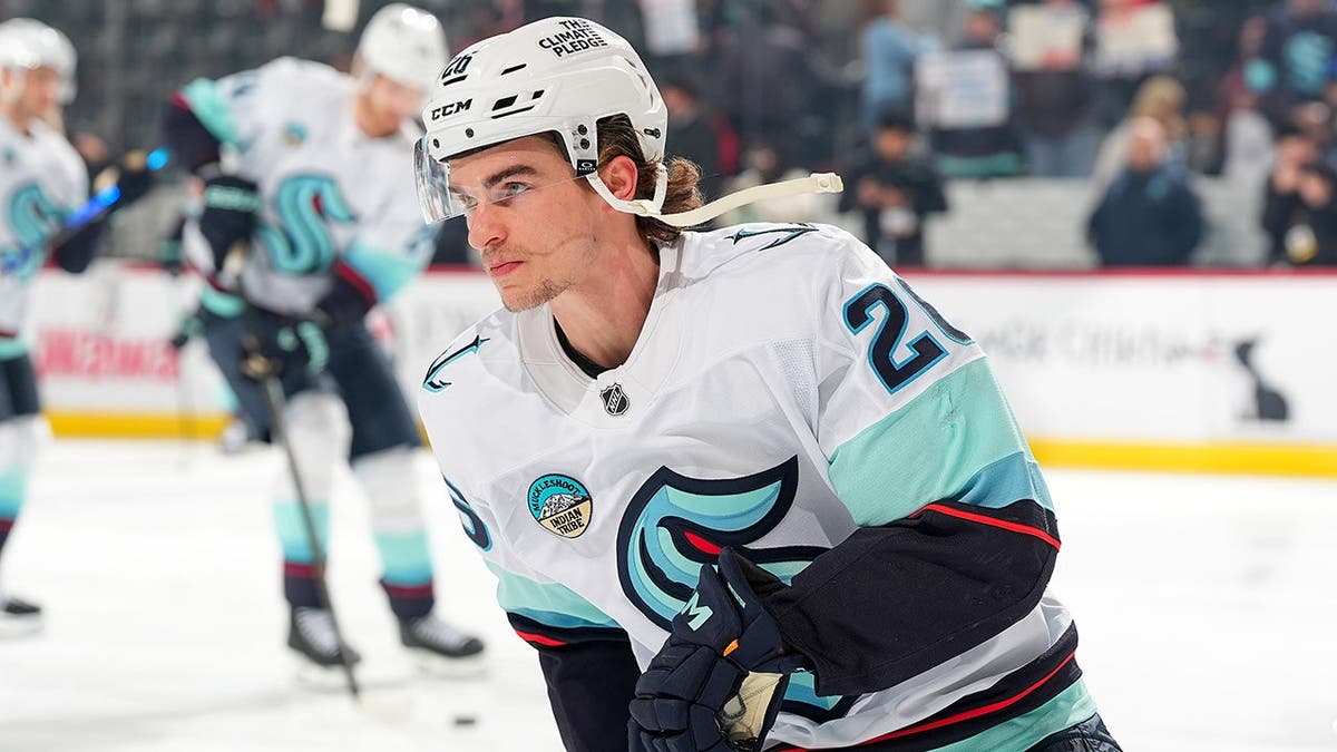 Ryan Winterton skating on ice during warm up at Prudential Center