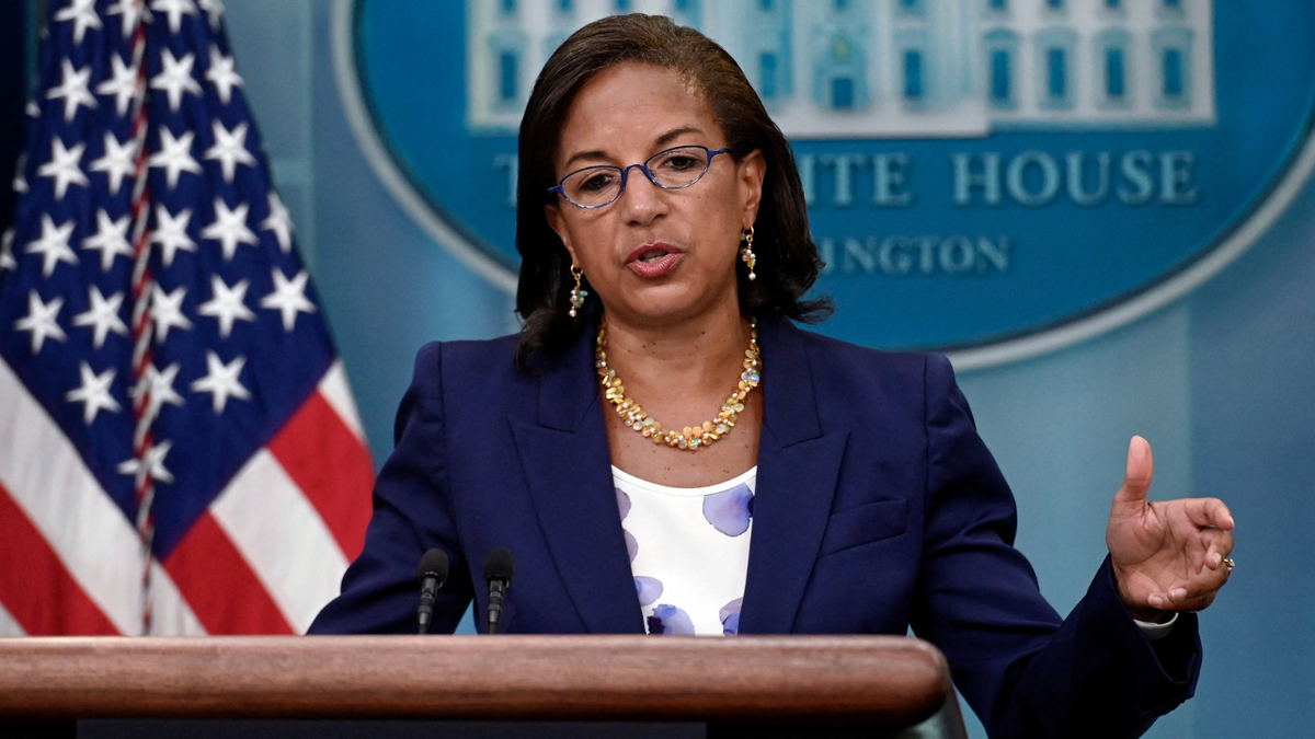 Susan Rice speaks to the press during a briefing at the White House.