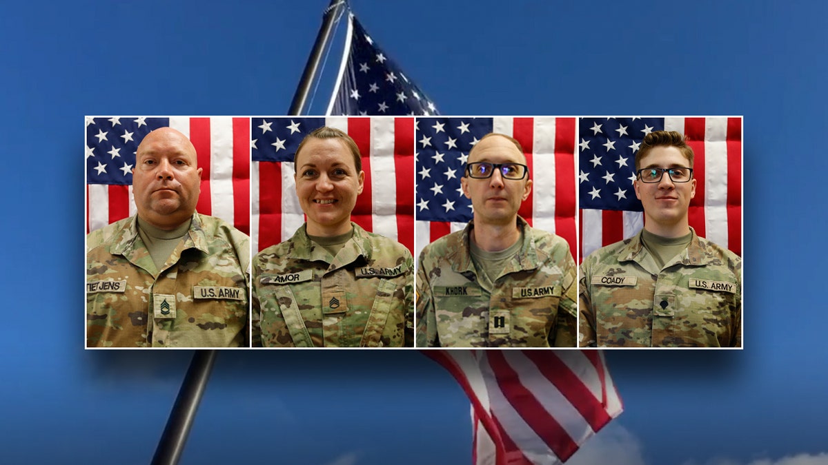 Photos of the fallen U.S. soldiers in uniform on an American flag background