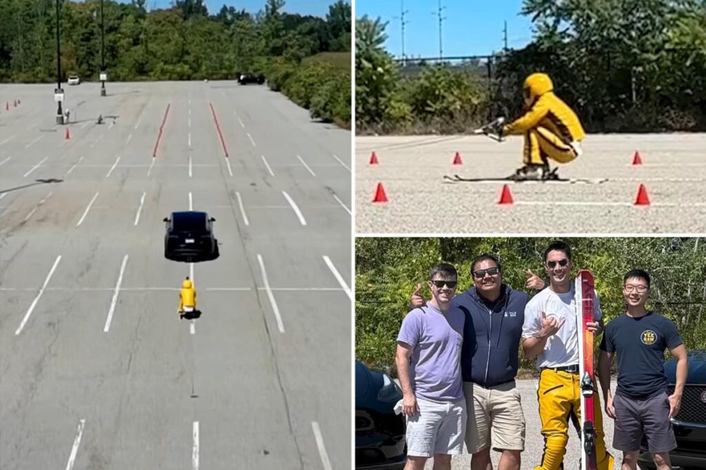 Former US Air Force pilot breaks world record by whizzing on skis at nearly 70 mph across asphalt Former US Air Force pilot breaks world record by whizzing on skis at nearly 70 mph across asphalt