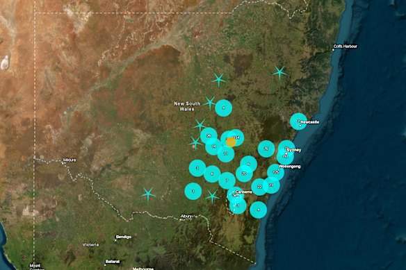The spread of “felt reports” made to Geoscience Australia from people who felt shaking last night.