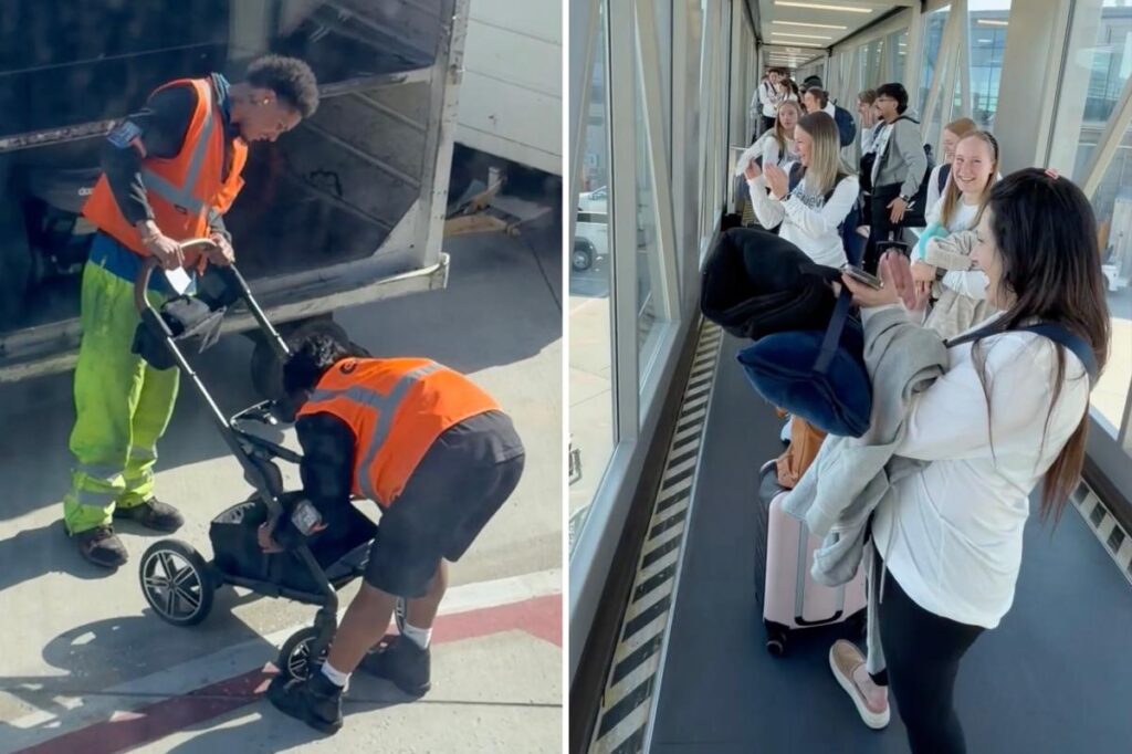 Stubborn stroller sparks chaotic airport showdown with baggage handlers in viral video