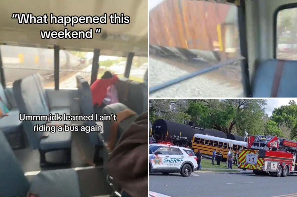 School bus driver busted after shocking video shows train clipping packed vehicle at crossing
