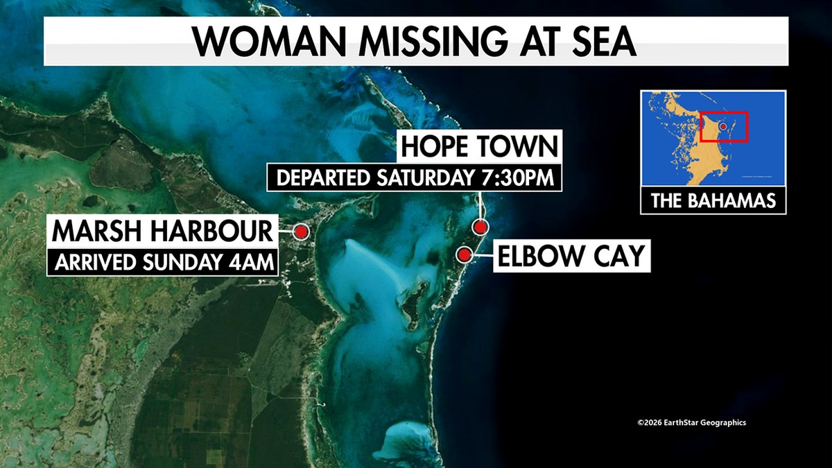 Graphic showing a woman missing at sea with related information