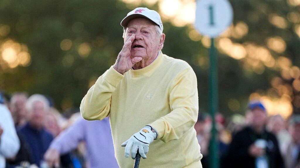 Jack Nicklaus’ ceremonial tee shot at the Masters comes dangerously close to patrons