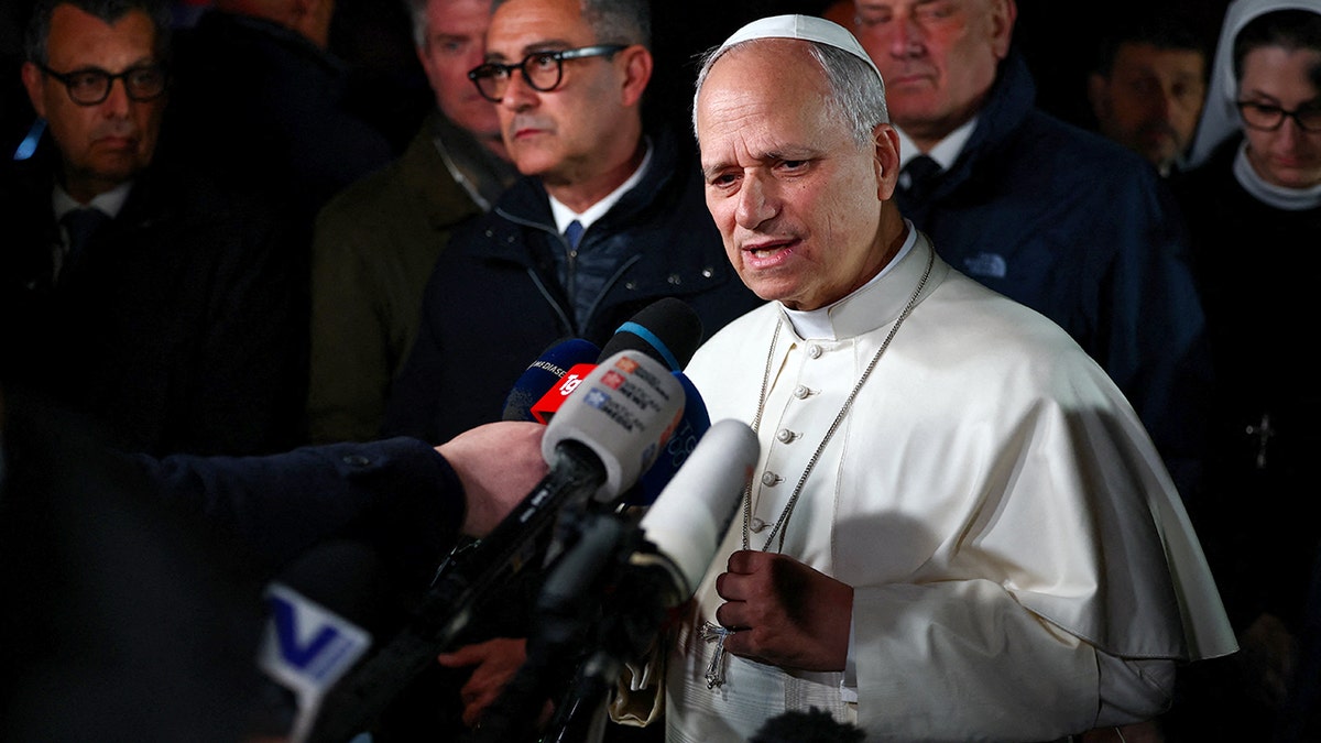 Pope Leo XIV speaking to media outside papal residence in Castel Gandolfo