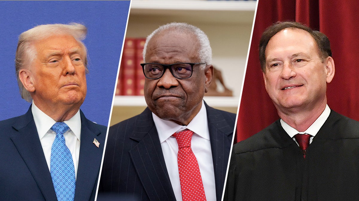 President Donald Trump standing with Supreme Court Justices Clarence Thomas and Samuel Alito