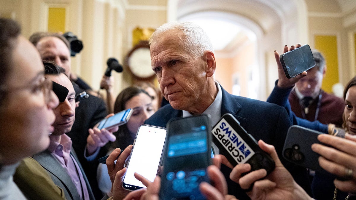 Sen. Thom Tillis speaking to media after Senate Republican policy luncheon at US Capitol