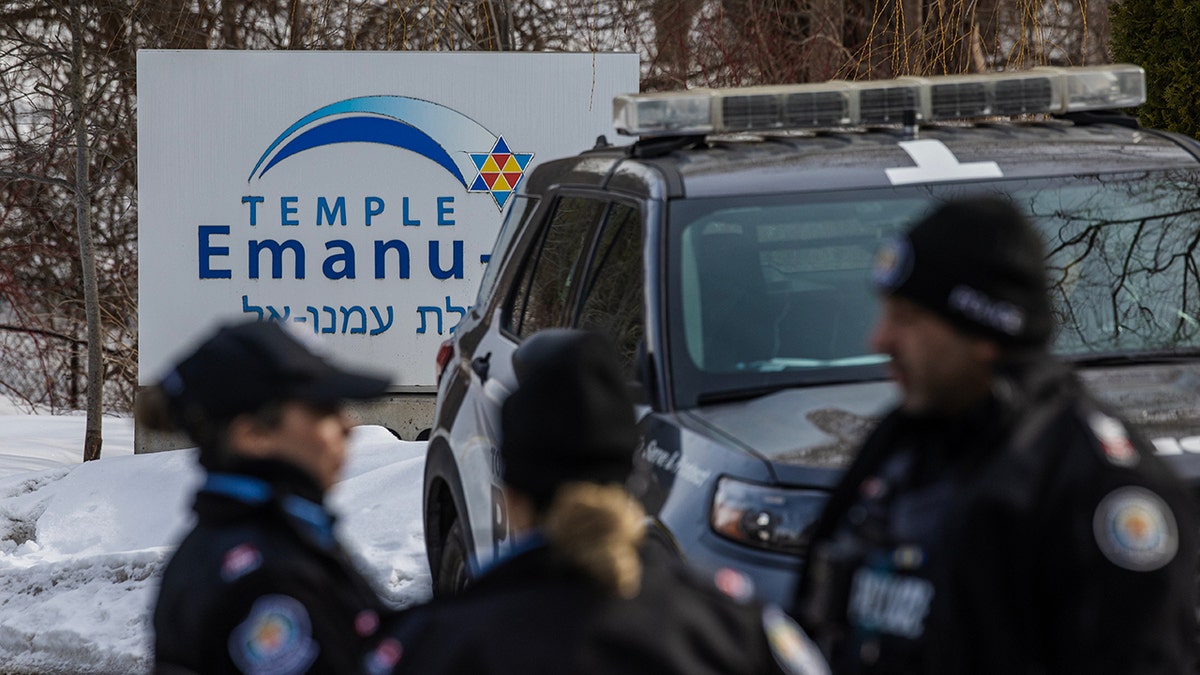 Temple Emanu-El synagogue building in Toronto with police tape outside