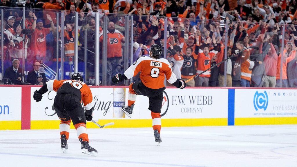 Flyers defenseman Cam York fires stick into stands after scoring overtime series-clincher vs Penguins