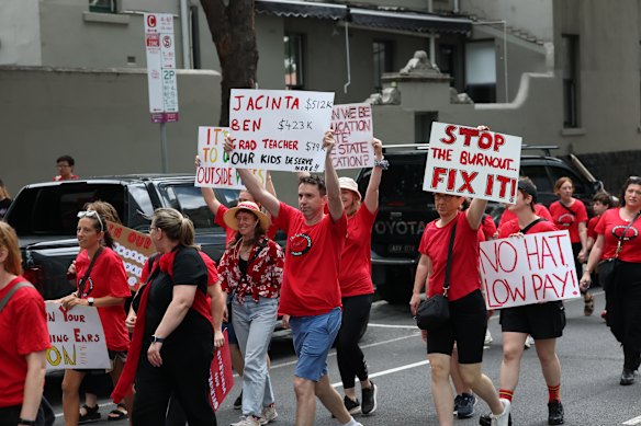 Public school teachers vent their frustration at the Allan Labor government in Melbourne on March 24.