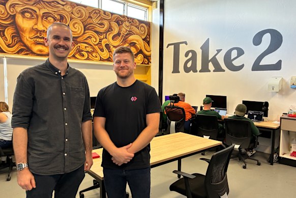 Instructor Nick Saltis (left) with CEO Cameron Smith in the Take2 classroom at Mary Wade Correctional Centre. 