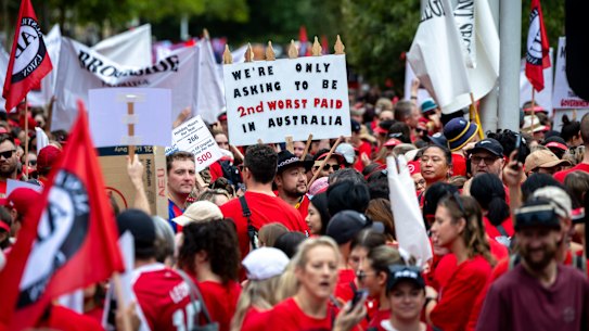 Government school teachers march in Melbourne’s CBD on Tuesday.