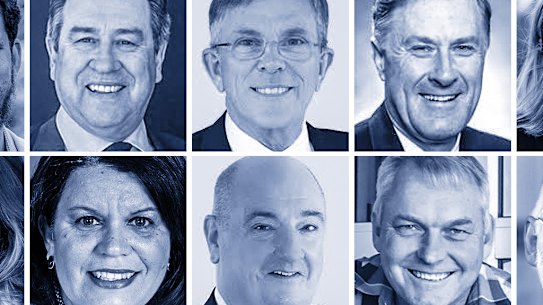 [Clockwise from top left] Former Queensland state LNP government figures Mark Robinson, Ian Walker, Denver Beanland, Lachlan Millar and Michael Hart, along with former federal LNP senator Joanna Lindgren, are among the several party figures now serving on government-appointed boards.