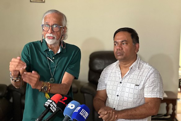 Family advocate Suresh Rajan and Sanjoy Dhar at Dhar’s Butler home on Monday.