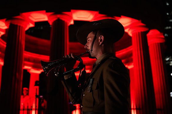 The Last Post is played at the 2026 Anzac Day dawn service in Brisbane.