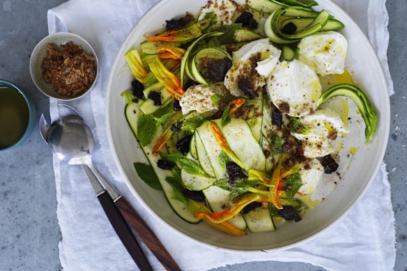Karen Martini’s dish of zucchini and buffalo mozzarella salad with mint, dried olives and anchovy dust.