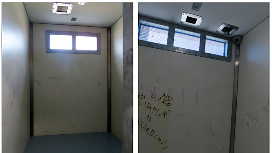 Separation rooms where children are kept for hours, sometimes days, at a time at West Moreton Youth Detention Centre (left) and Brisbane Youth Detention Centre (right). 