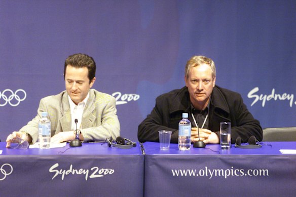 David Atkins (left) with Sydney 2000 ceremonies executive producer Ric Birch, after the opening ceremony in Homebush.