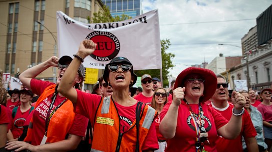 Protesters in the Melbourne CBD on Tuesday during the school strike. 