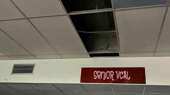Ceiling damage on the top floor of Collingwood College.