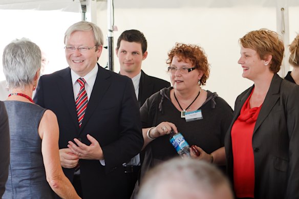 Former prime minister Kevin Rudd, Micah Projects founder Karyn Walsh and former Queensland Minister for Community Services, Housing and Women Karen Struthers at a sod turning event for supportive housing initiative Common Ground Brisbane.