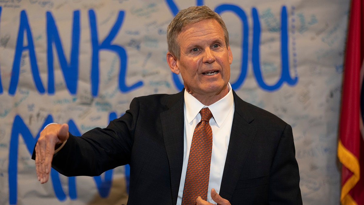 Tennessee Gov. Bill Lee responding to questions at a news conference in Nashville