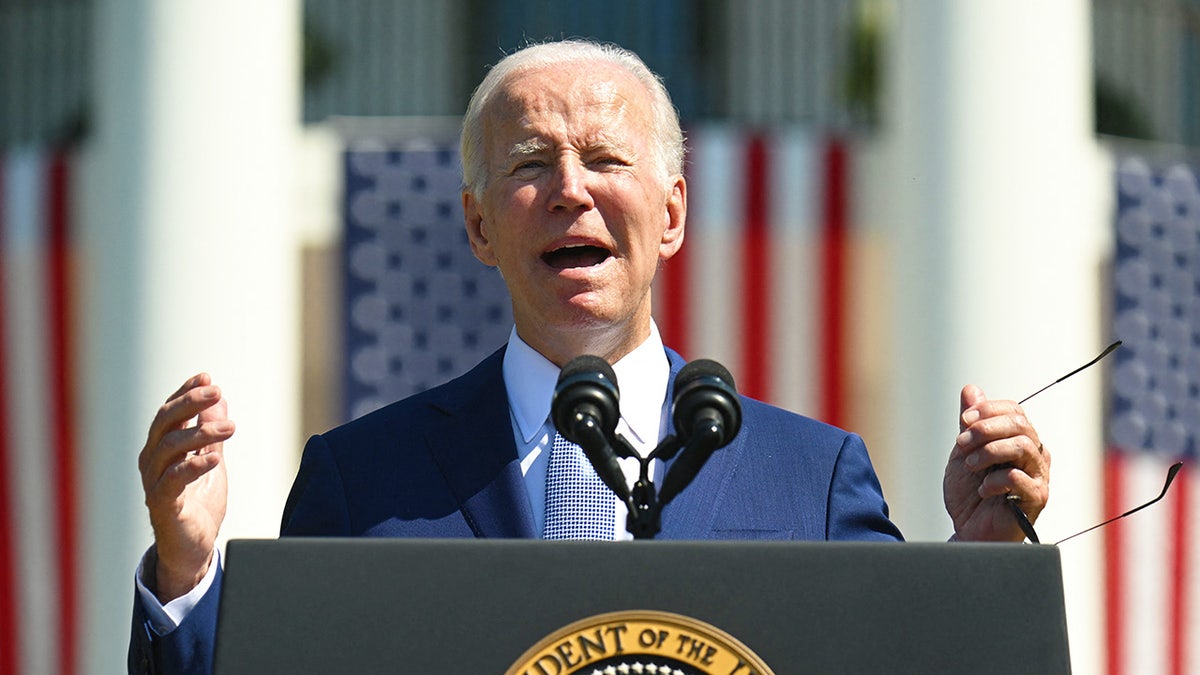 President Joe Biden speaking at a signing ceremony on the South Lawn of the White House