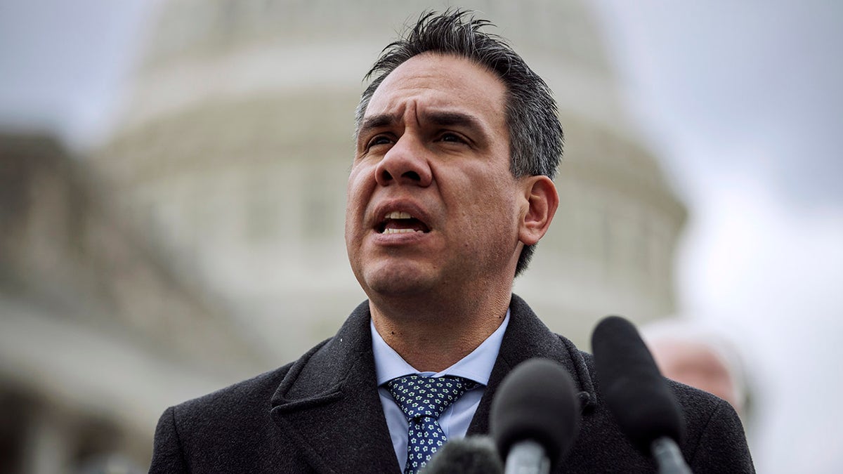Rep. Pete Aguilar speaking at a press conference outside the U.S. Capitol building