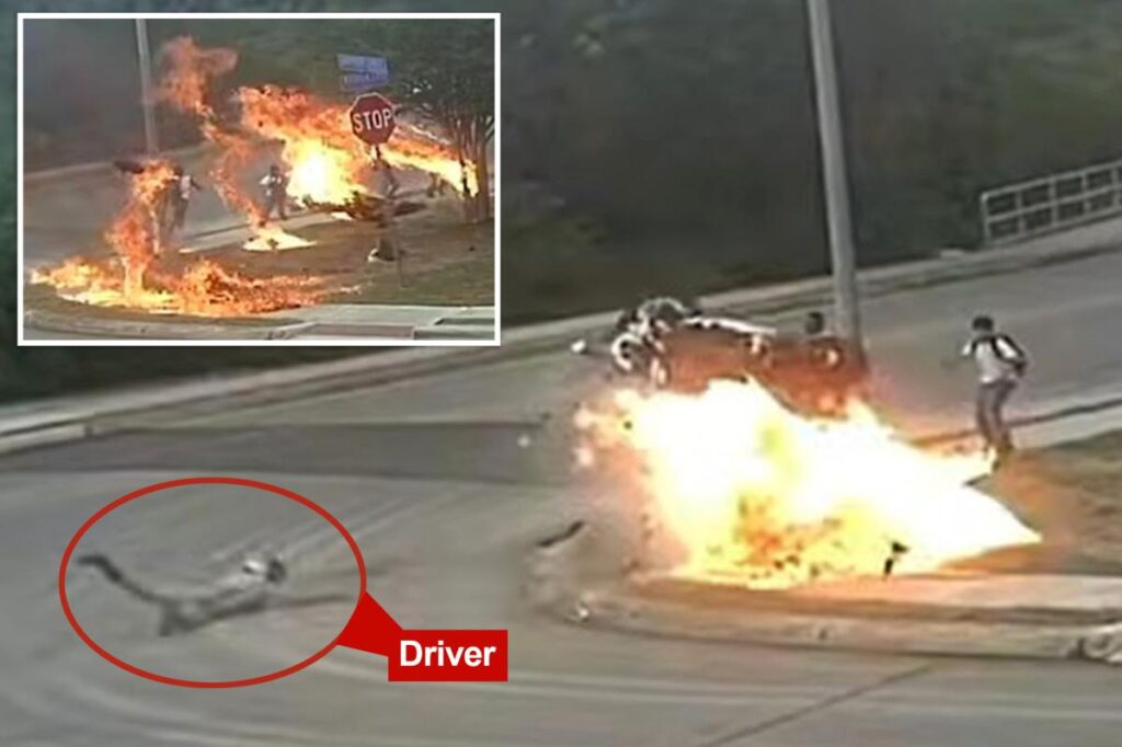 Motorcycle skids off the road and explodes — narrowly missing school kids — in insane video