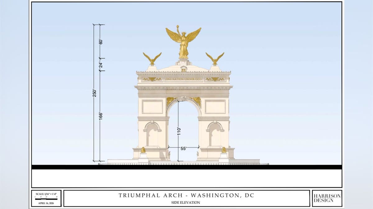 Scale rendering of Triumphal Arch, featuring a breakdown in height of the monument in feet.