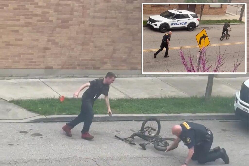 Winded cop struggles to chase down bike-riding rebel in viral ‘cat-and-mouse’ scuffle Winded cop struggles to chase down bike-riding rebel in viral ‘cat-and-mouse’ scuffle