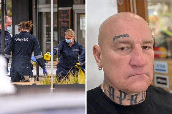 Police at the scene of the shooting of Gavin Preston (right) at a Keilor cafe on September 9, 2023.