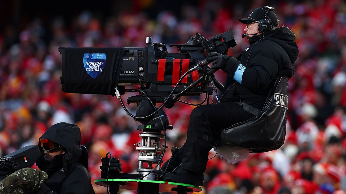 Amazon Prime Video Thursday Night Football logo on television camera at Arrowhead Stadium