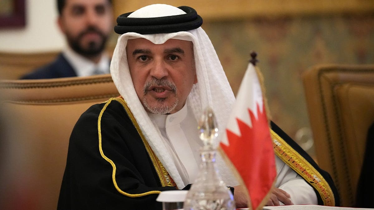 BAHRAIN - APRIL 9: Bahrain's Crown Prince and Prime Minister Salman bin Hamad Al Khalifa speaks during a round-table meeting with Britain's Prime Minister Keir Starmer at the Al Sakhir Palace on April 9, 2026 in Bahrain. During his three-day trip to the Gulf, Prime Minister Keir Starmer is visiting Saudi Arabia, Bahrain and the United Arab Emirates. The visit comes after President Donald Trump announced a two-week ceasefire between the US and Iran, conditional on shipping being allowed to resume through the Strait of Hormuz.